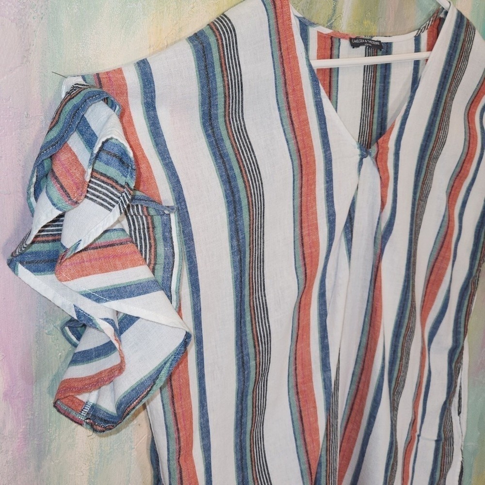 LINEN Cotton Large Shirt Red White Stripe Flutter Short Sleeve Top Blue Dopamine